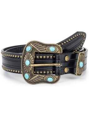Unisex Black Leather Belt Western Vintage Belt Engraved Cowboy Cowgirl Belt